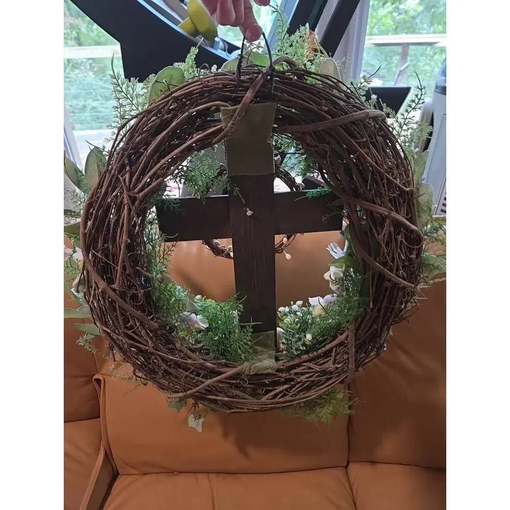 Handmade Easter He Is Risen Wreath Spring Wooden Cross 21
